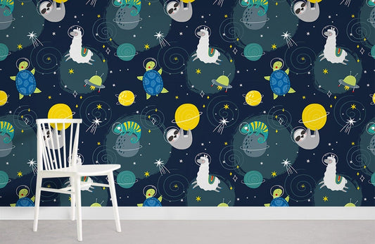 Outer Space Cartoon Astronaut Mural Wallpaper in playroom