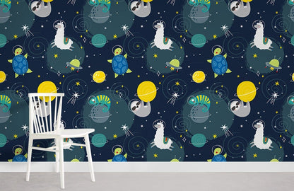 Outer Space Cartoon Astronaut Mural Wallpaper in playroom