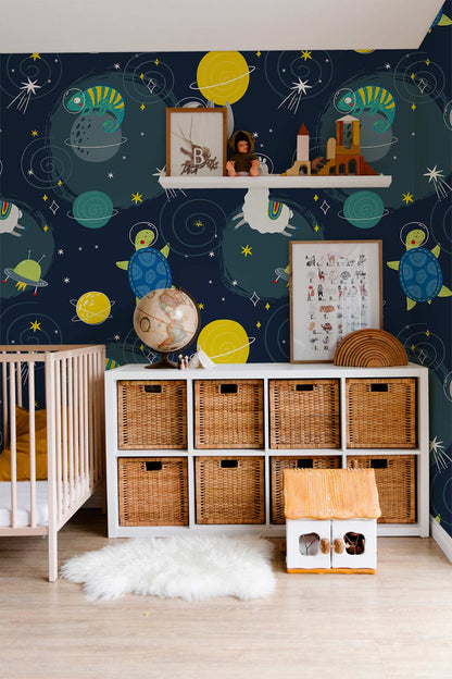 Outer Space Cartoon Astronaut Mural Wallpaper in bedroom