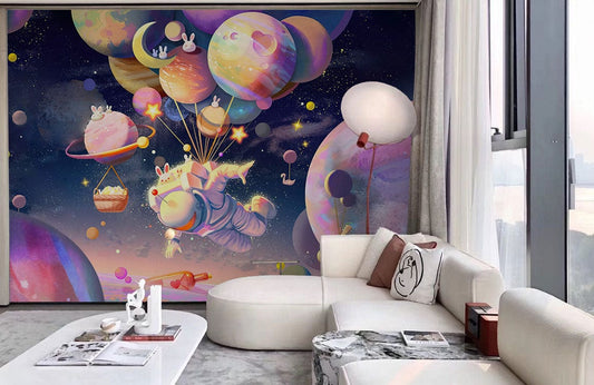 space bunny wall mural for living room decor