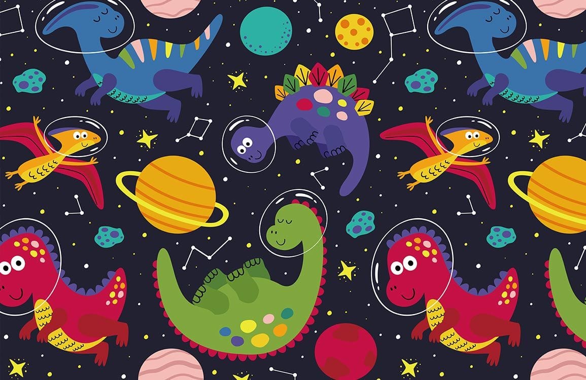 Colorful Space Dinosaurs Kids Mural Wallpaper