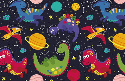 Colorful Space Dinosaurs Kids Mural Wallpaper in playroom