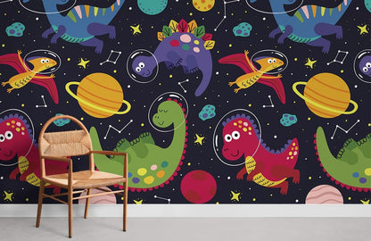 Colorful Space Dinosaurs Kids Mural Wallpaper in children's room