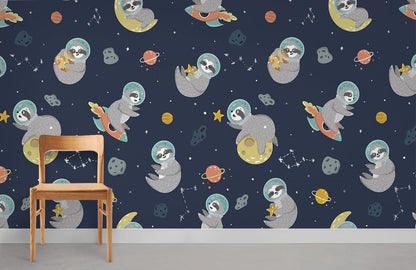 Whimsical Astronaut Sloths Space Mural Wallpaper in child's room