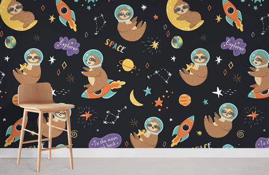 Whimsical Space Sloth Kids Mural Wallpaper