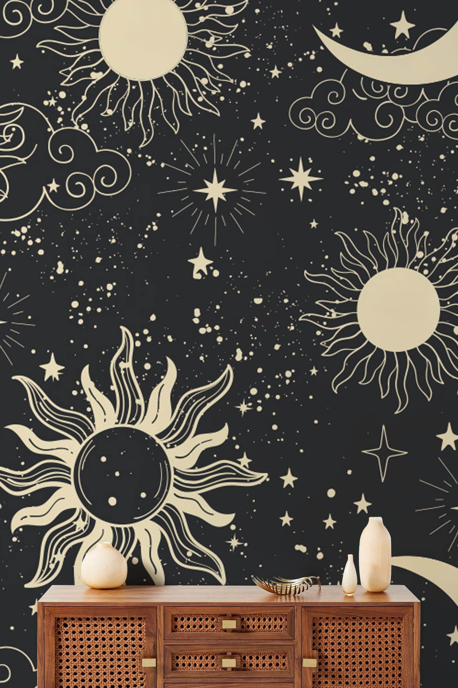 Wallpaper mural for the hallway that features a dark space scene with solar planets.