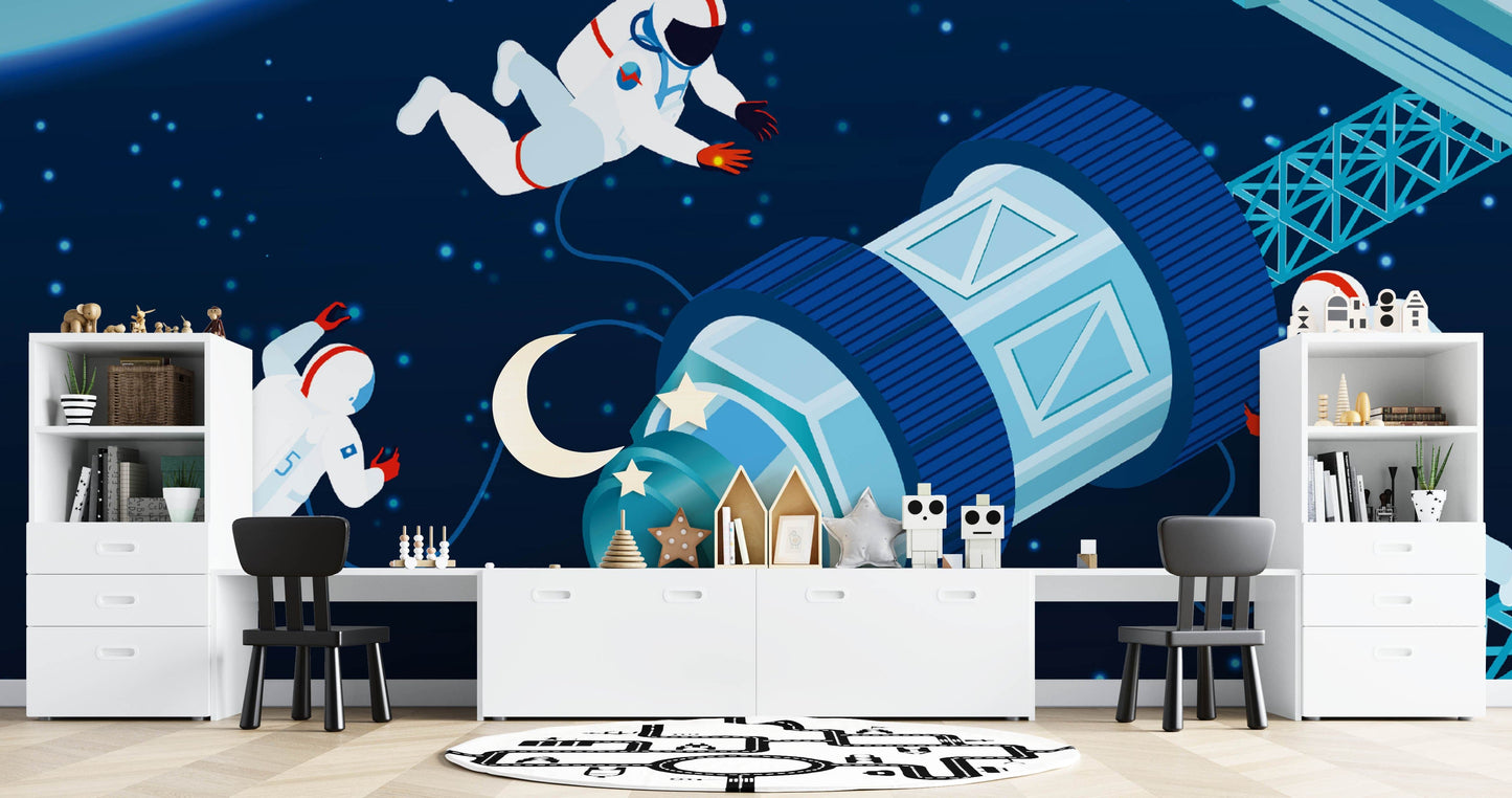 Space Station Children's Wallpaper Mural for Use in Decorating Children's Rooms