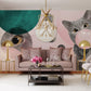 living room wall murals of an elegant Russian blue cat blowing a pink bubble