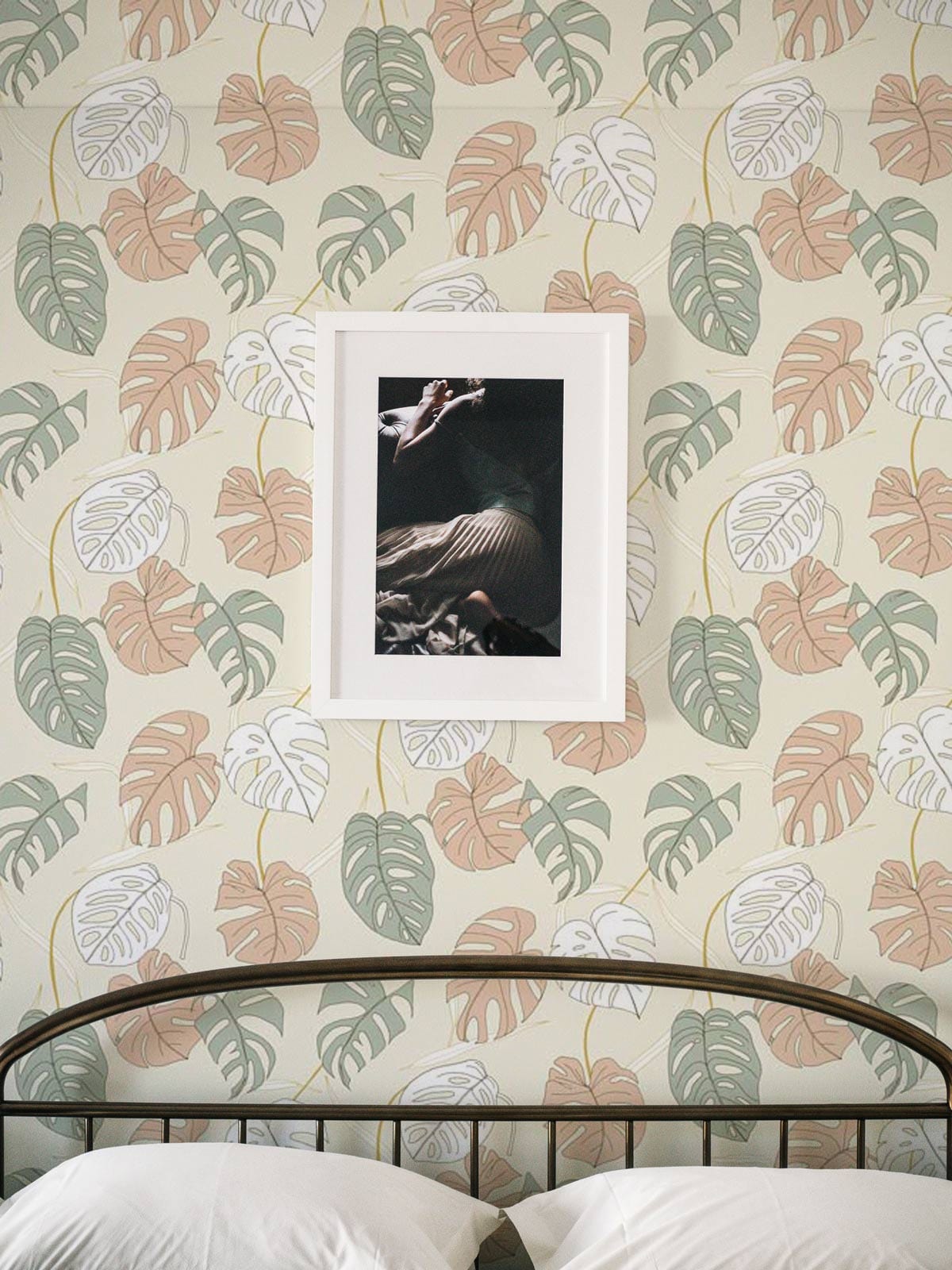 Decorating a bedroom with a Palm Leaves wallpaper mural spliced together