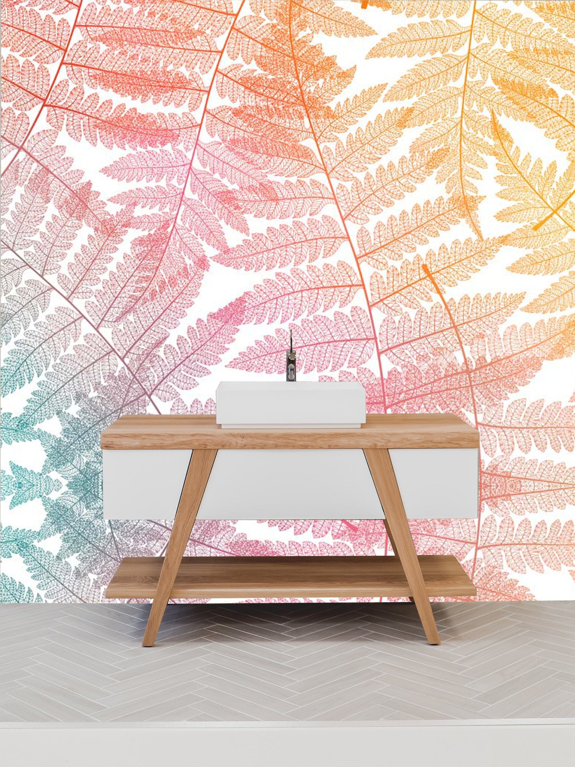 Living room wallpaper mural with spliced-together colourful leaves