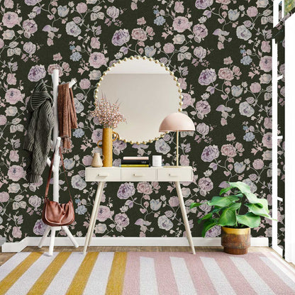 Vintage Floral Dark Green Mural Wallpaper in entryway