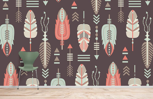 Wallpaper mural with a continuous design resembling Native American feathers