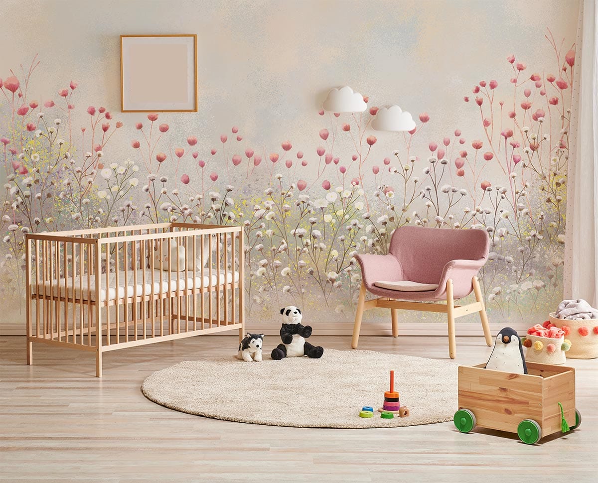 Neutral Floral Fields Mural Wallpaper in nursery