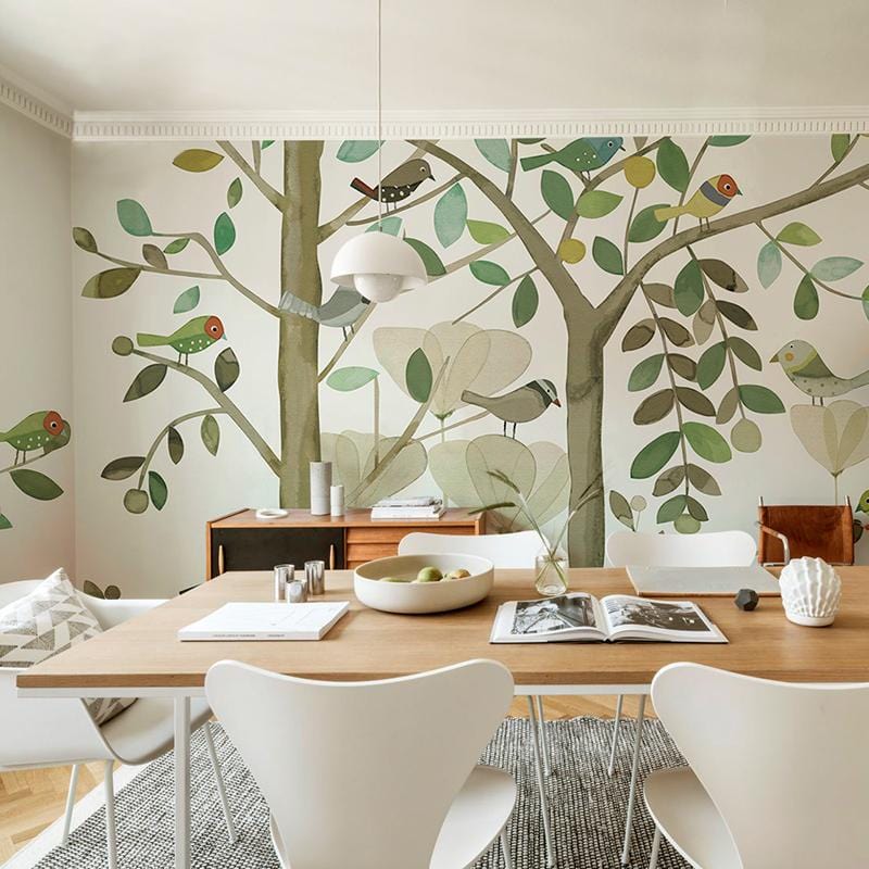 wallpaper mural for living room - birds on a branch in springtime