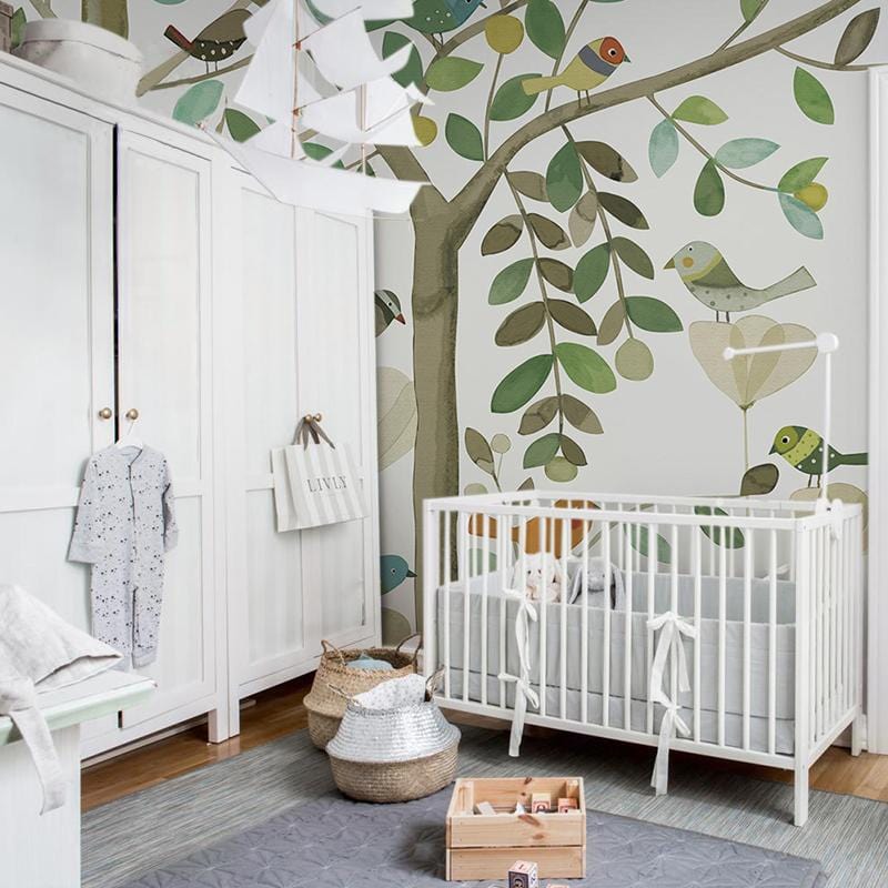 Nursery Room Wallpaper Mural with Birds on Spring Branches