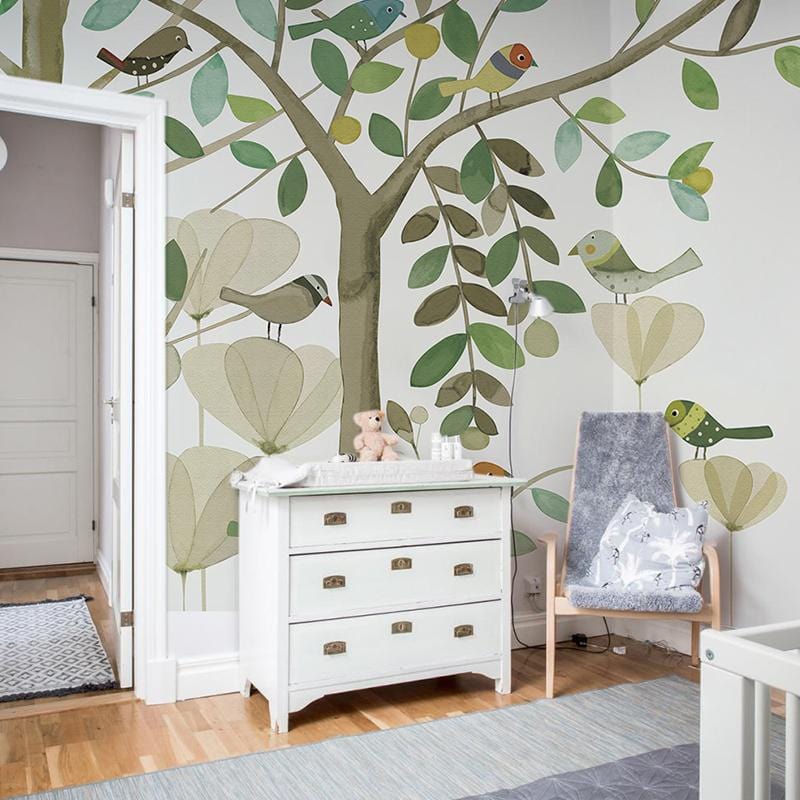 Wallpaper Mural of Birds on Spring Branches for a Nursery.