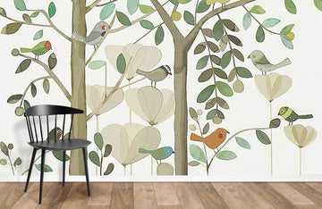 Whimsical Bird Tree Nature Mural Wallpaper
