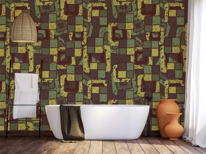 Retro Geometric Green Black Mural Wallpaper in bathroom
