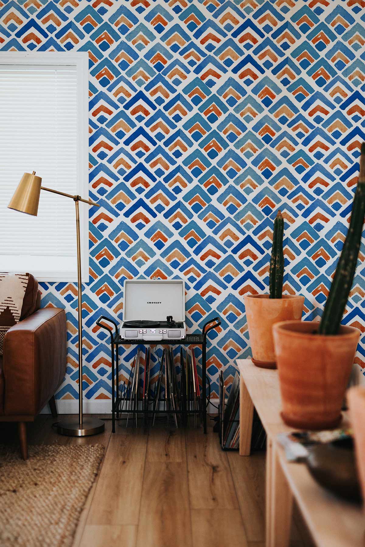 Wallpaper in the Living Room with a Blue Square Vector Pattern