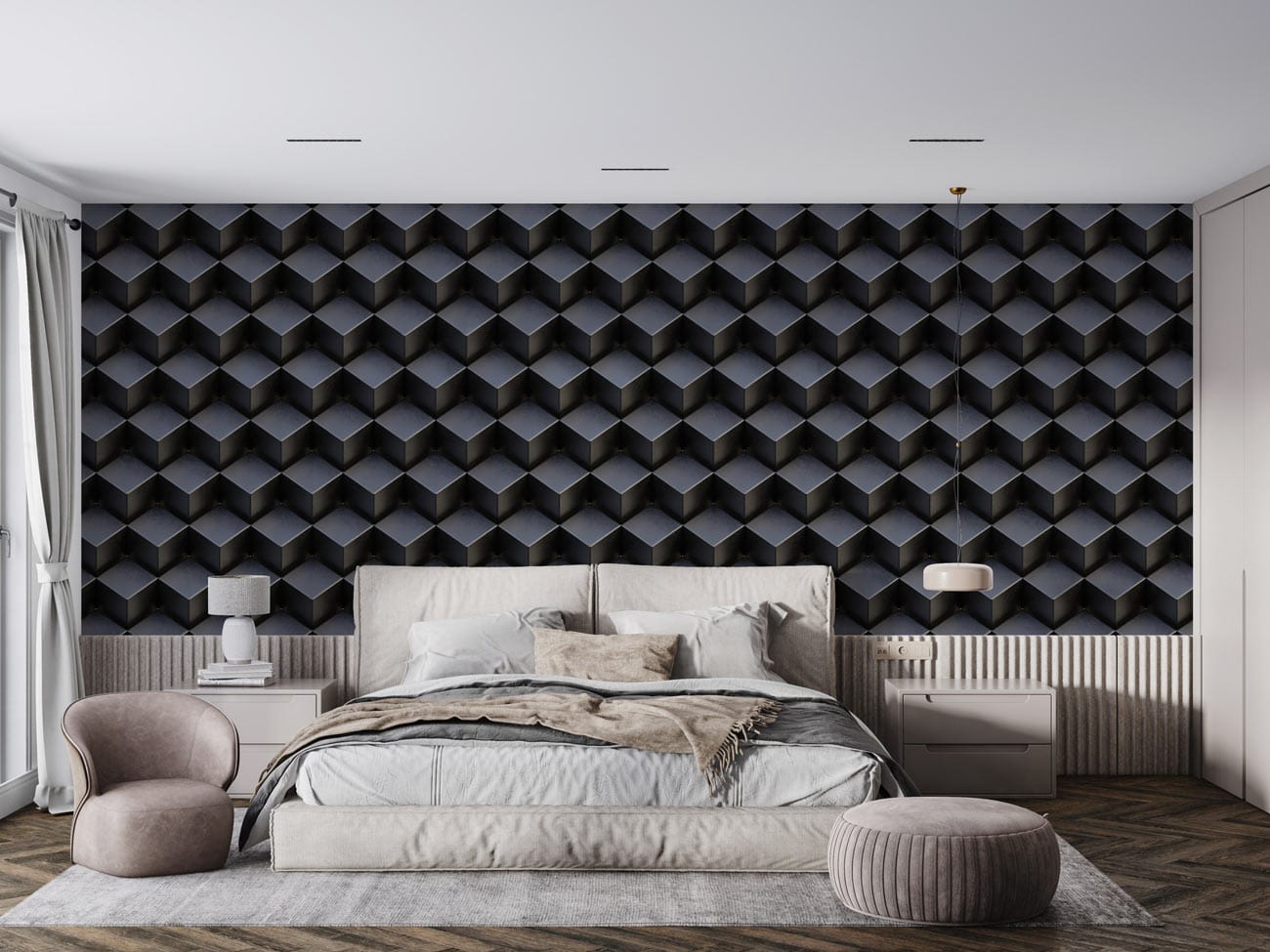 the bedroom is decorated with a metallic wallpaper effect