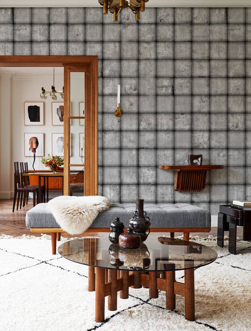 Living room wallpaper with a square brick pattern that is all its own.