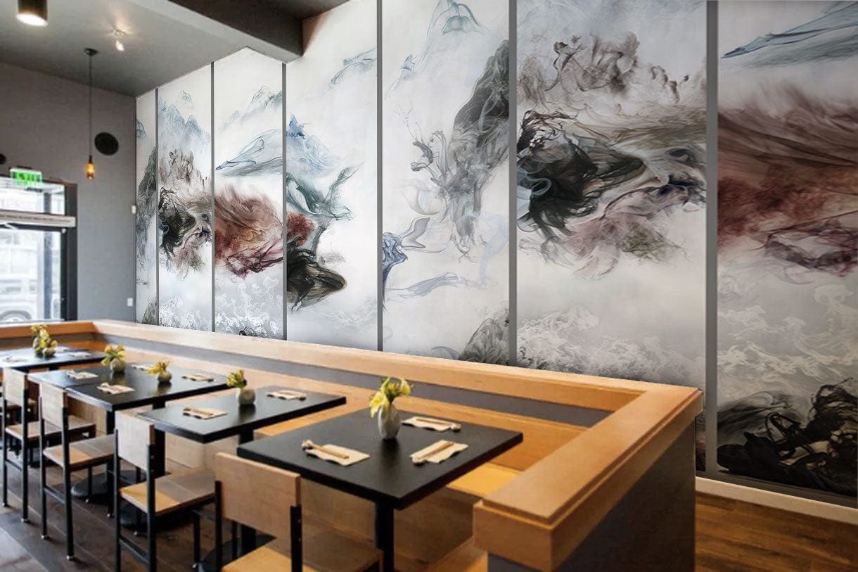 stained mountains wall mural cafe decor idea