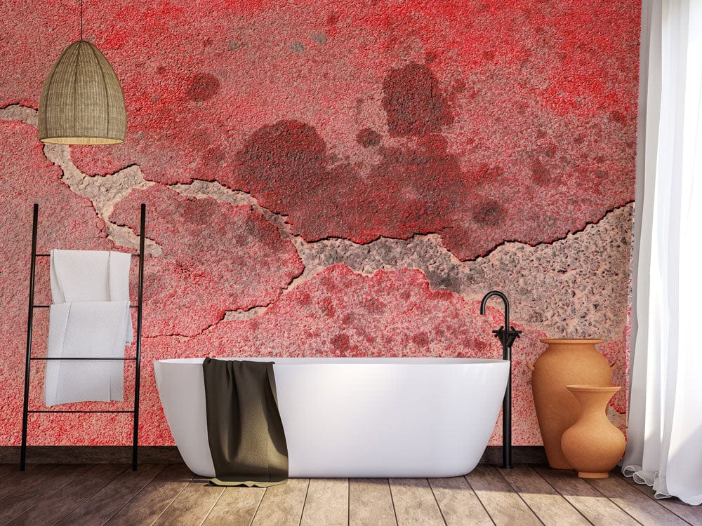 Mural wallpaper with a stained pink colour scheme for the bathroom wall.