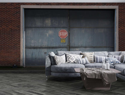 factory blue door industrial style wall mural lounge