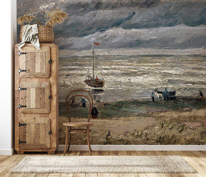 Stormy ocean oil painting Mural Wallpaper for hallway