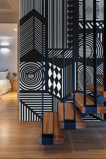 Wall mural in the hallway depicting precision machine lines.