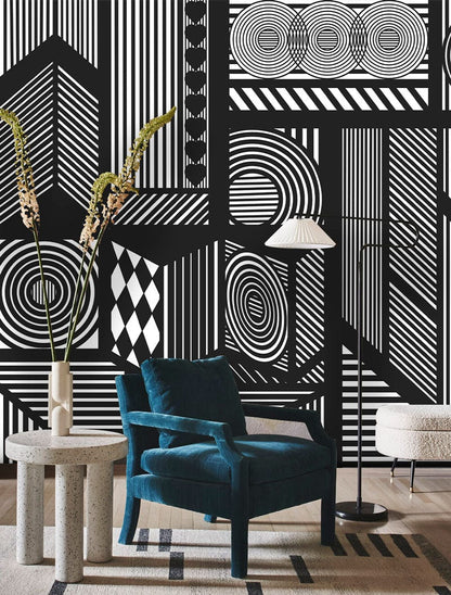 Decoration of the Hallway Utilizing Mural Wallpaper Depicting Straight Mechanical Lines