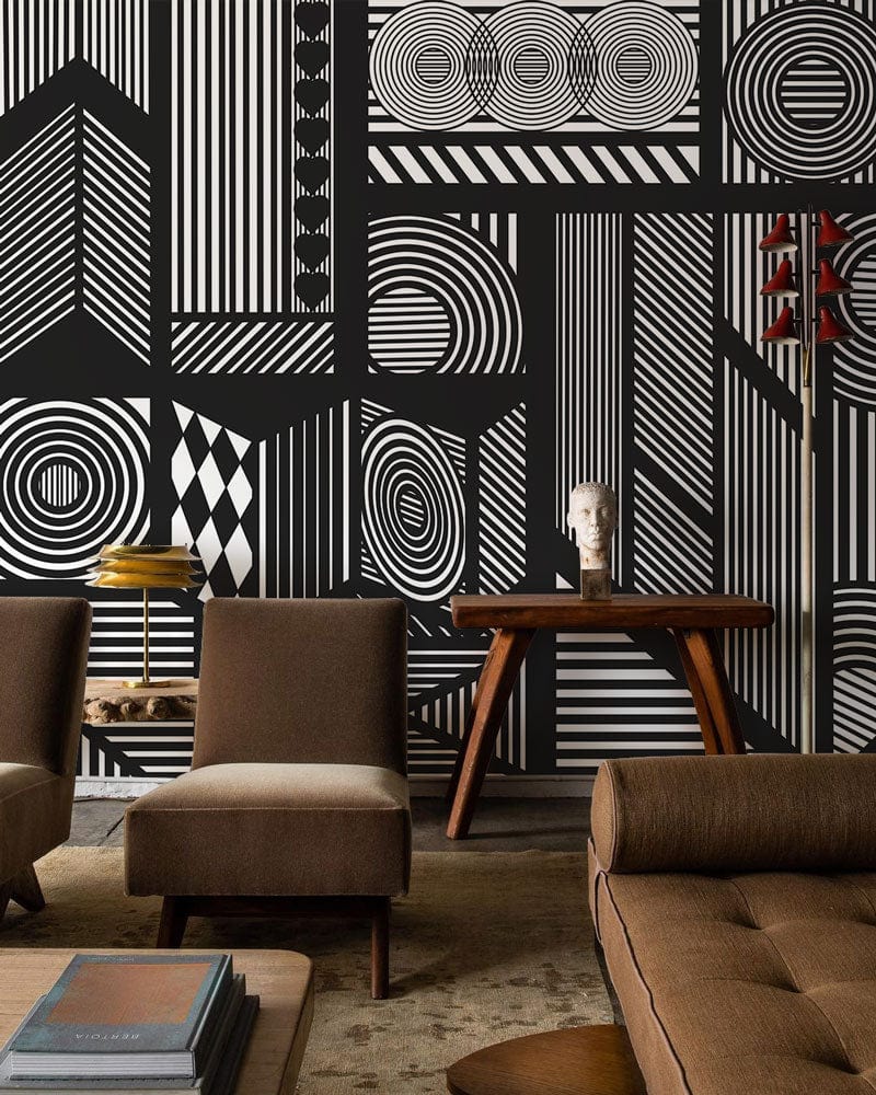 Use this wallpaper mural of straight mechanical lines as a decorative element in the living room.