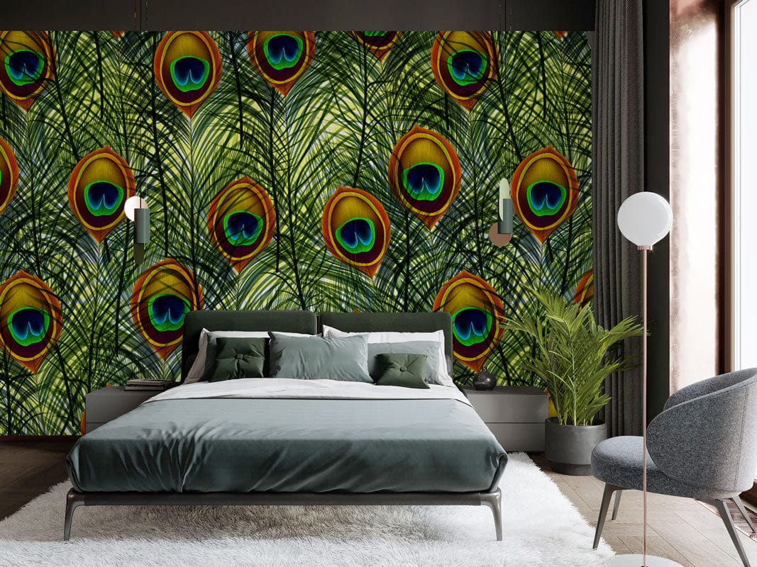 Wallpaper mural featuring a straight peacock feather design, perfect for use as bedroom decor.