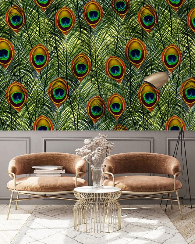 Wallpaper mural featuring a straight peacock feather design, perfect for use in the hallway.