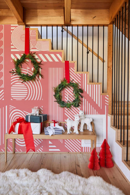 Wallcovering mural with pink mechanical lines in a straight pattern used for hallway decoration