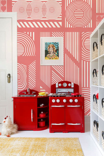 Wall mural design for the kitchen featuring precise pink machine lines