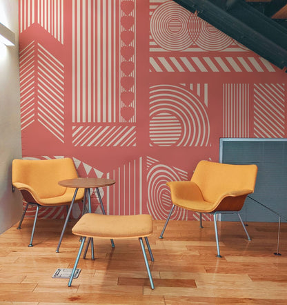Use this wallpaper mural of straight pink mechanical lines as a decorative element in the living room.