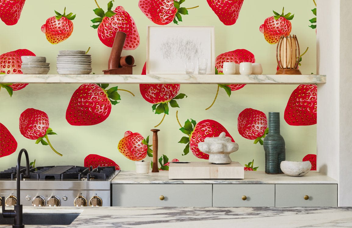 Living room wallpaper with a fresh strawberry fruit theme