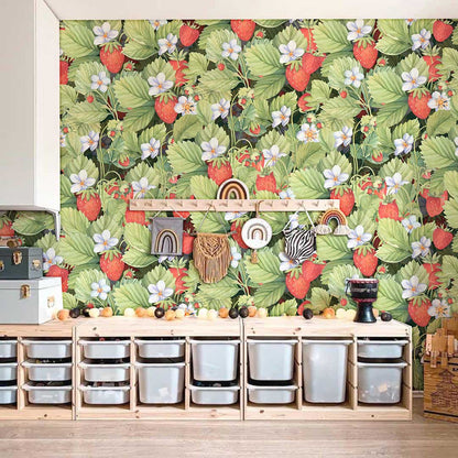 Botanical Strawberry Field Mural Wallpaper in playroom