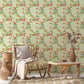 Vintage Floral Patterned Green Mural Wallpaper in living room