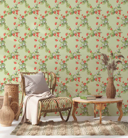 Vintage Floral Patterned Green Mural Wallpaper in living room