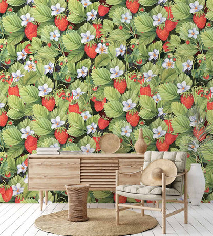 Botanical Strawberry Field Mural Wallpaper in living room
