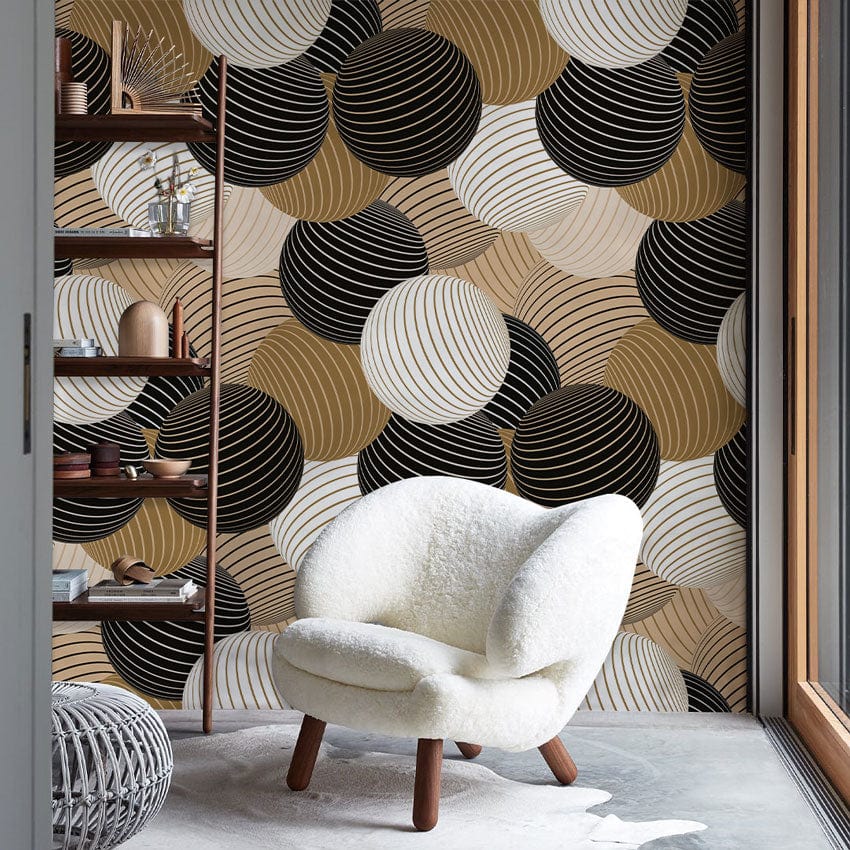 Wallpaper mural with striped balls for use as decoration in the hallway