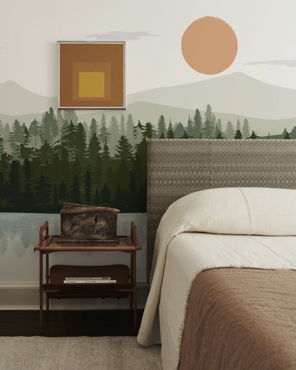 Wallpaper mural depicting a pine tree forest for use in decorating a bedroom