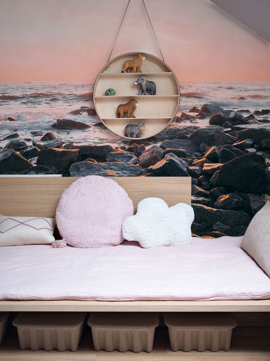 sunrise on ocean rock feature wall mural decoration idea