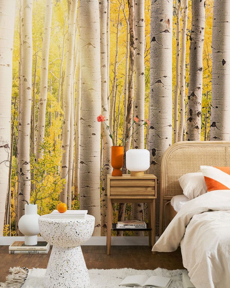 Fresh idea for a yellow forest wall mural in a bedroom