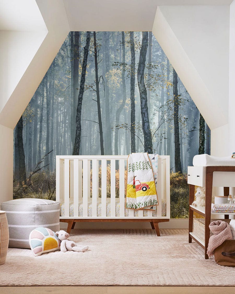 A sunny day in the forest is shown on a wallpaper mural that would look great in a nursery