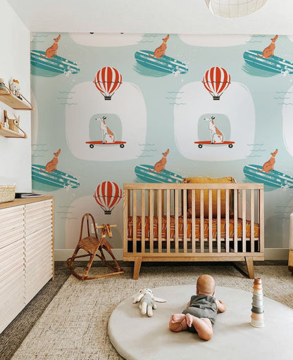 Kids Room Wall Mural in Light Green with a Sporting Dog in Action