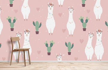 Whimsical Pink Llama Cactus Mural Wallpaper