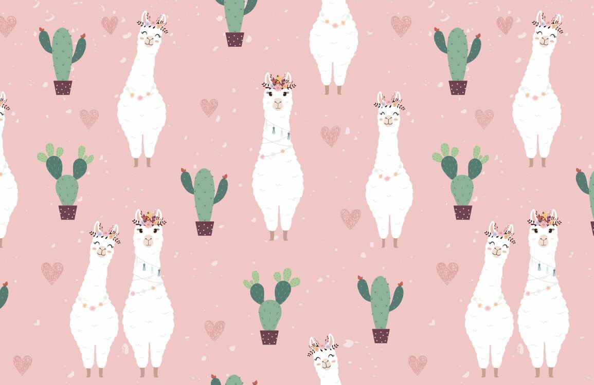 Whimsical Pink Llama Cactus Mural Wallpaper
